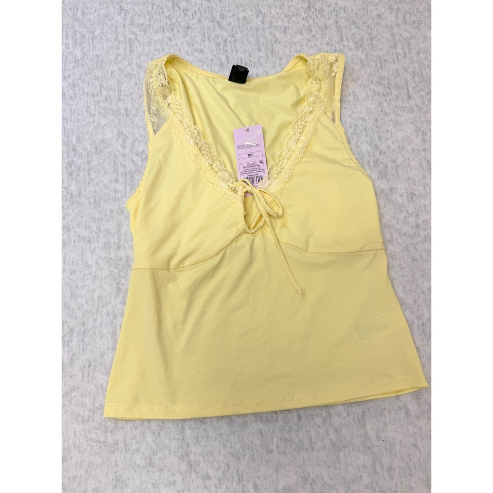Wild Fable Light Yellow Lace Trim V-Neck Tie Front Sleeveless Top XS NWT